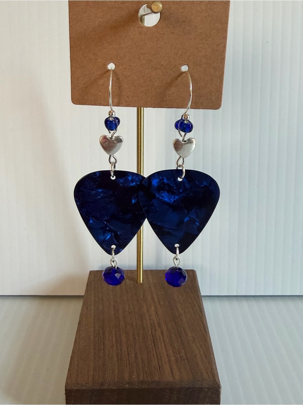 Blue Guitar Pick Drop Earrings with Silver Heart Accent